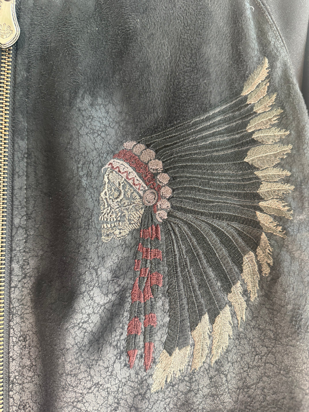 Obelisk Suede Leather Light Jacket with Skull Headdress Embroidery