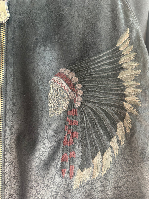 Obelisk Suede Leather Light Jacket with Skull Headdress Embroidery