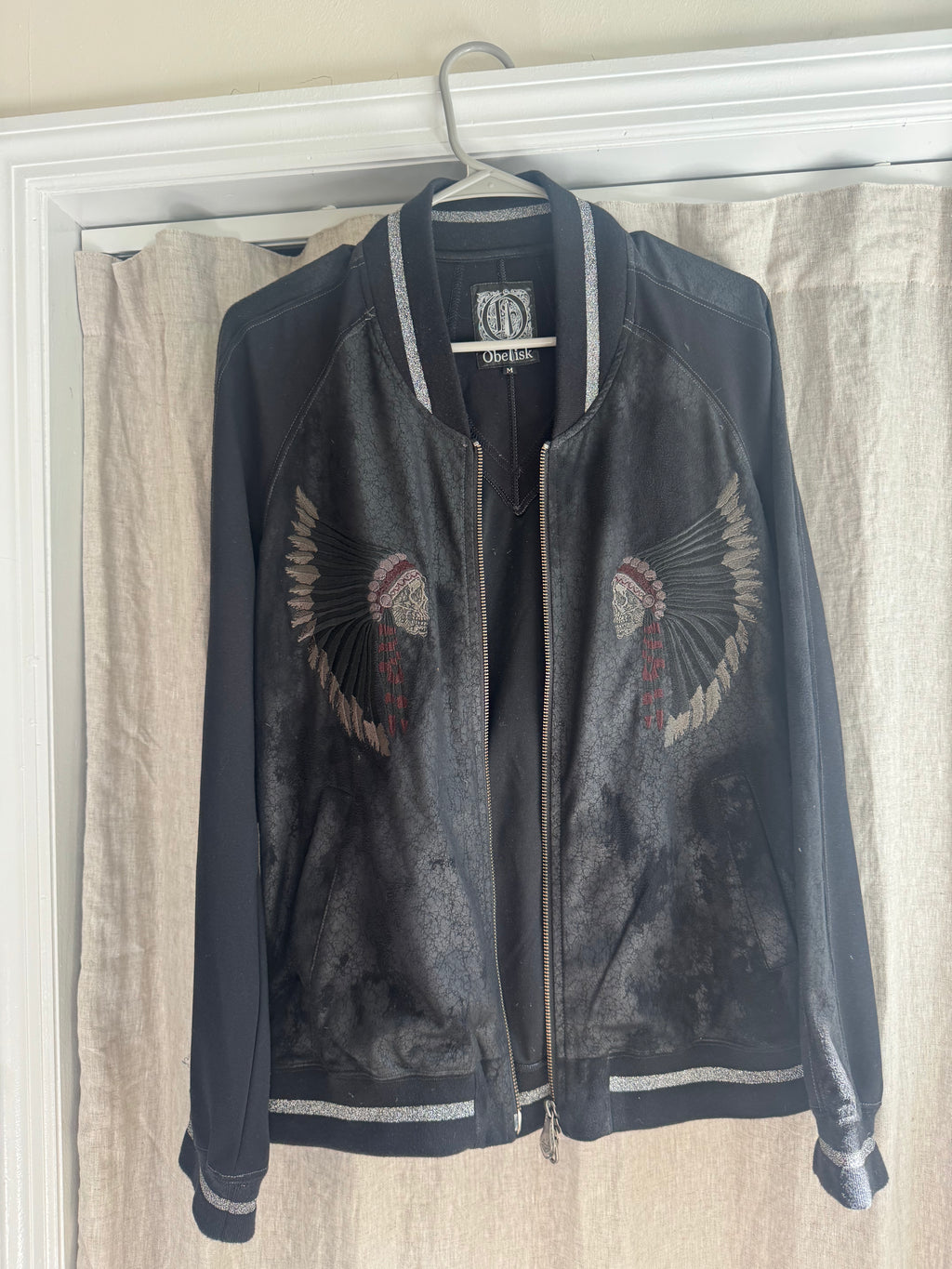 Obelisk Suede Leather Light Jacket with Skull Headdress Embroidery