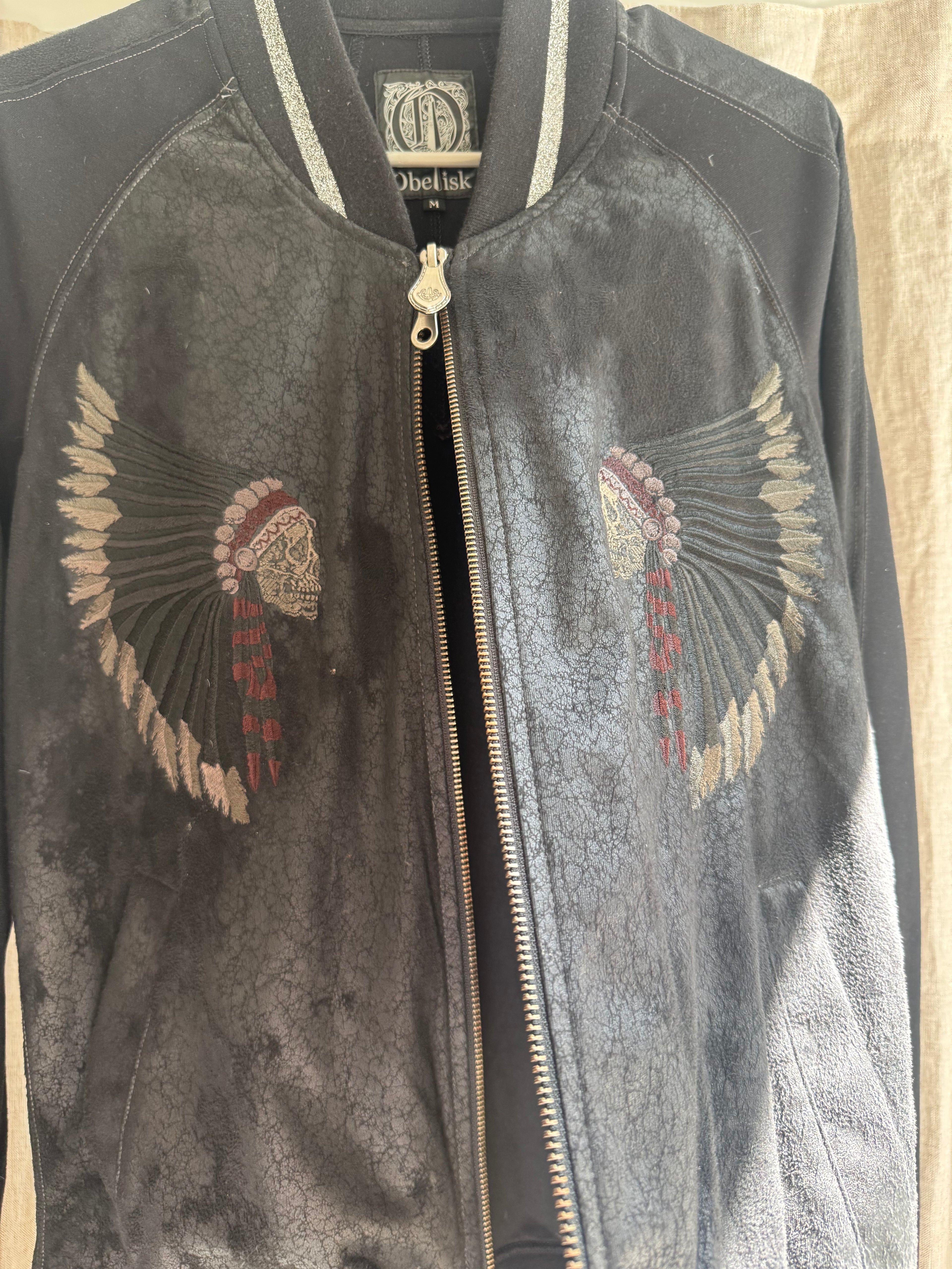 Obelisk Suede Leather Light Jacket with Skull Headdress Embroidery